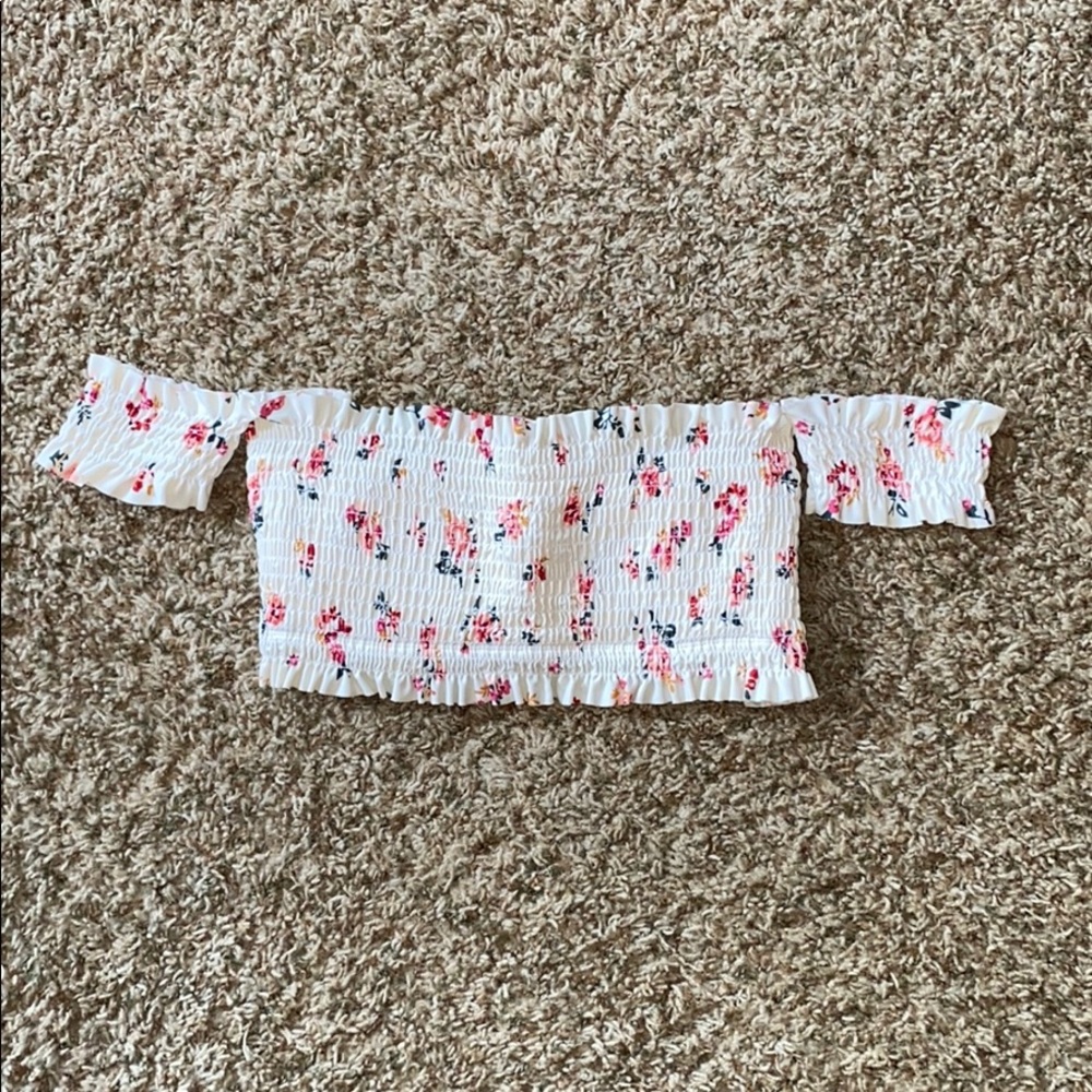 Off the shoulder floral bikini top.